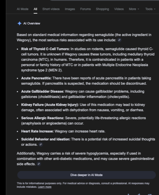 Google AI Overviews response to Wegovy risks query
